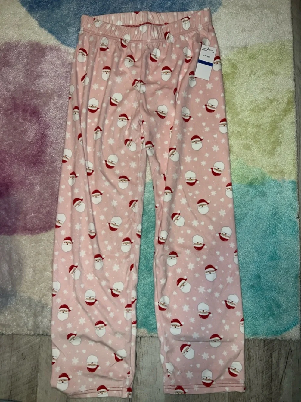 NEW Max & Olivia Pink Santa Print Girls Pajama Set -Button Front 2pc & scrunchie